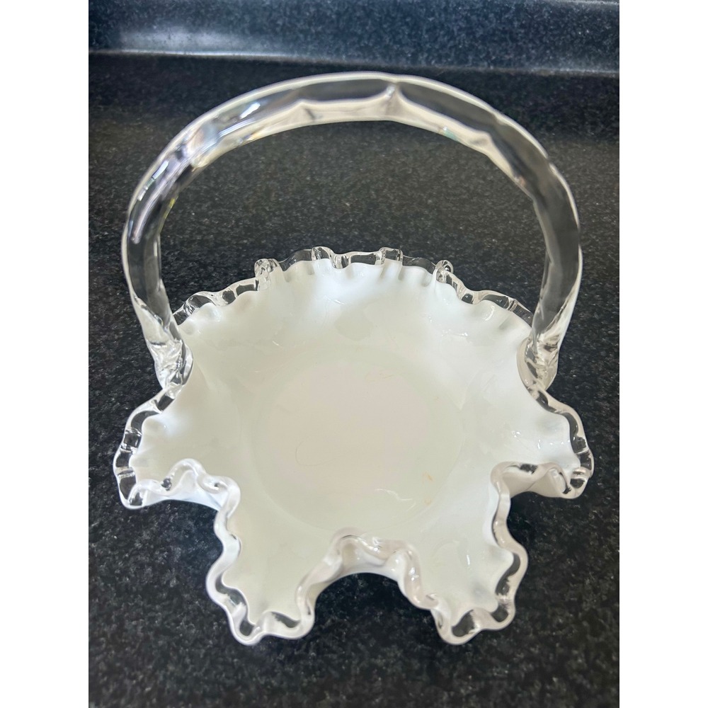 Vintage White Milk Glass Basket Clear Ruffled Edge Twisted Handle Candy Dish